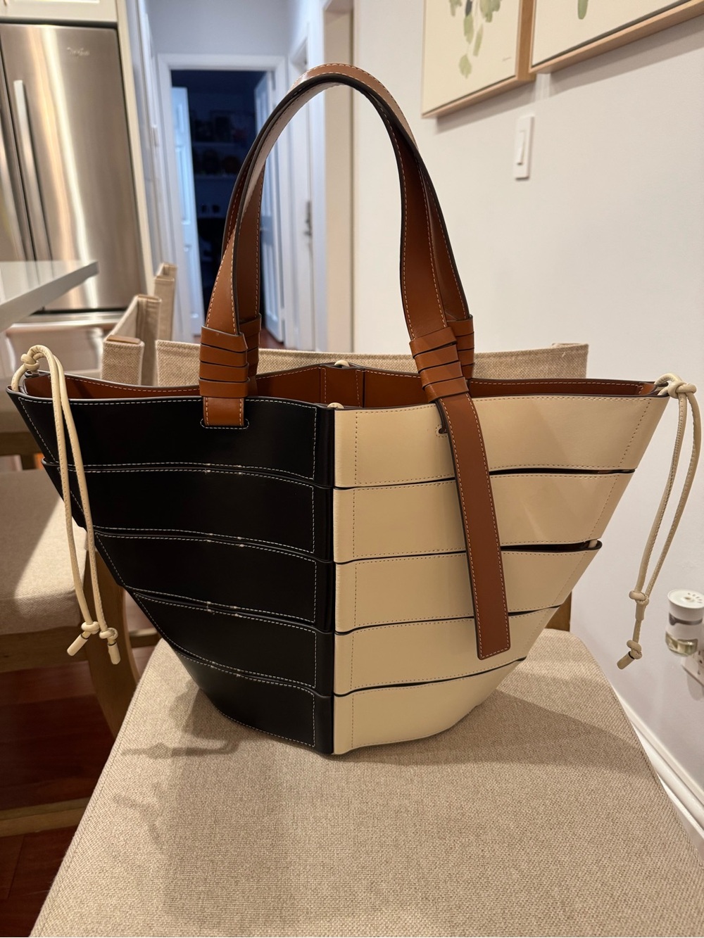 STAUD Diamond Tote Two-Tone Panel Leather Tote in Black, Cream & Tan